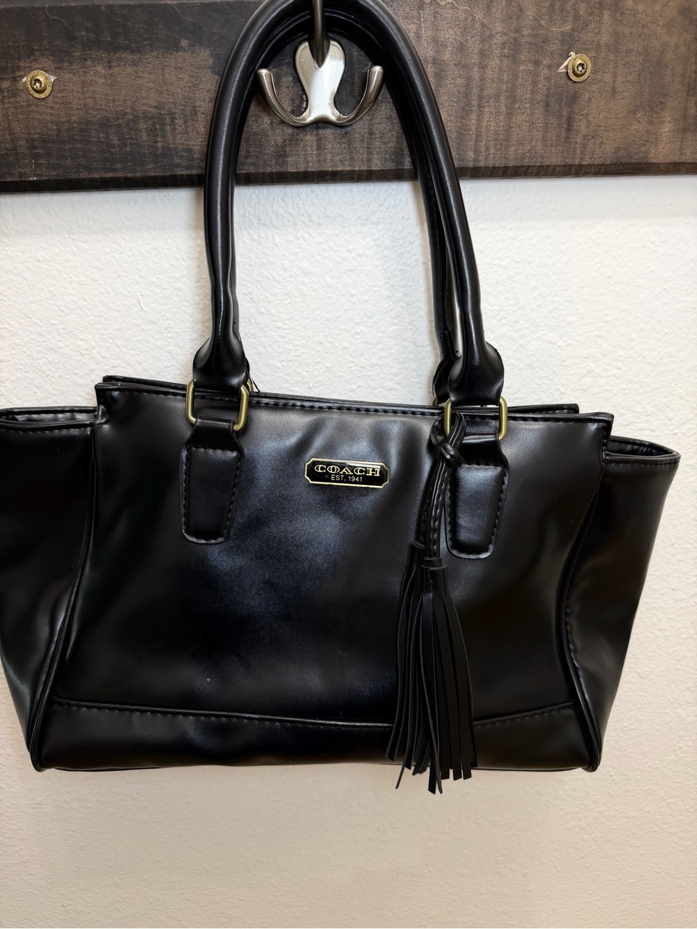 COACH Black Leather Shoulder Bag with Tassel